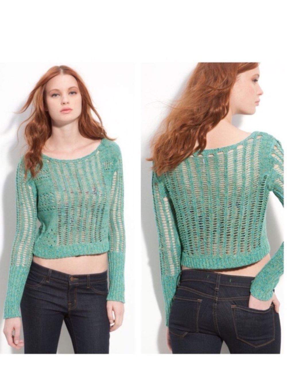 Free People Teal Green Open Open-Knit Crop Pullover Boho Slouchy Sweater